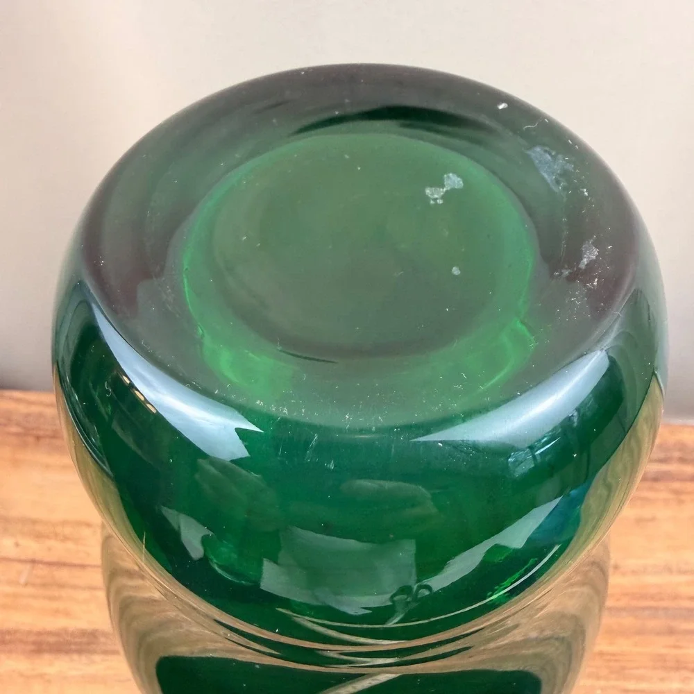 Art Deco Emerald Green Art Glass Vase Hand Blown Mid Century Modern Style 9 inch